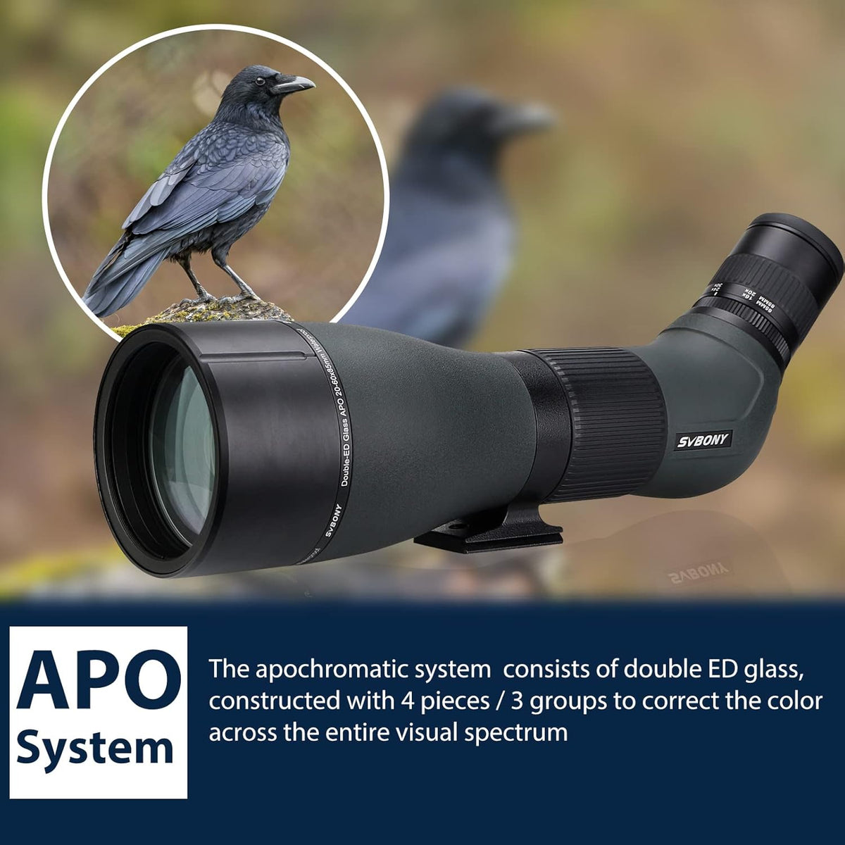 Svbony SA401 APO Spotting Scope 20-60x85, Double ED Glass Spotting Scopes Precise Focus, Waterdichte Mistbestendige Hoekige Telescoop Monoculair