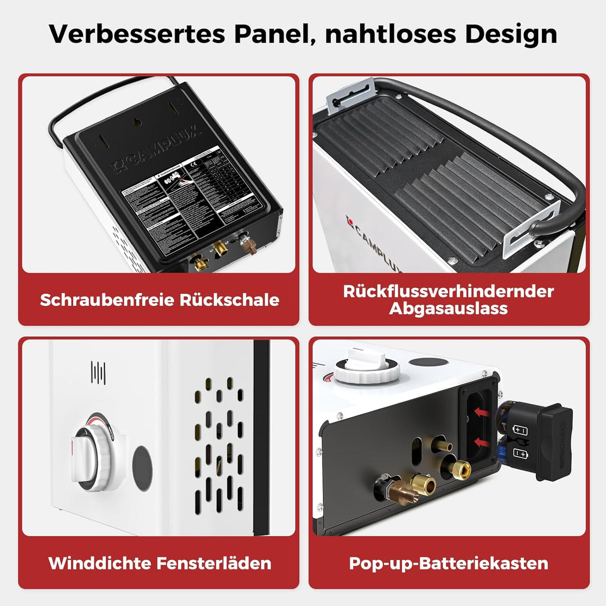 CAMPLUX First Gasdoorstroomboiler, 5 liter, met handgreep, LPG, 50 mbar, voor camperuitstapjes, campingdouche, F5-DE