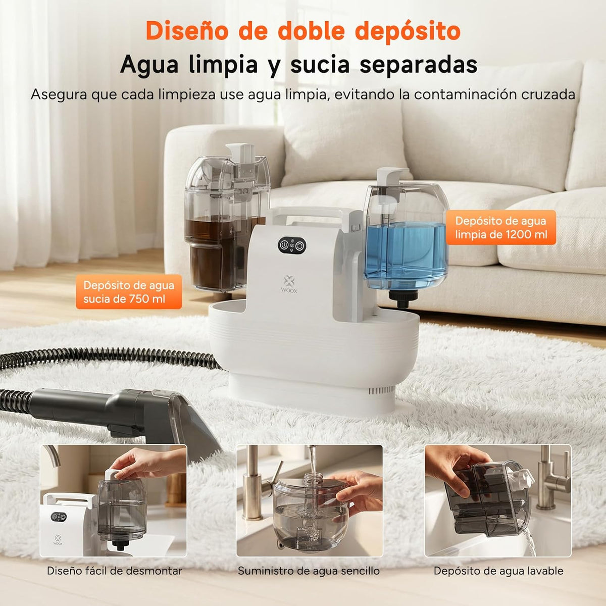 Woox Aspiradora de Agua Tapiceria portátil con vapor caliente, Máquina limpiadora de alfombras 15Kpa de alta succión con accesorios exclusivos Limpiador a vapor 2 en 1 para tapicerías, coches