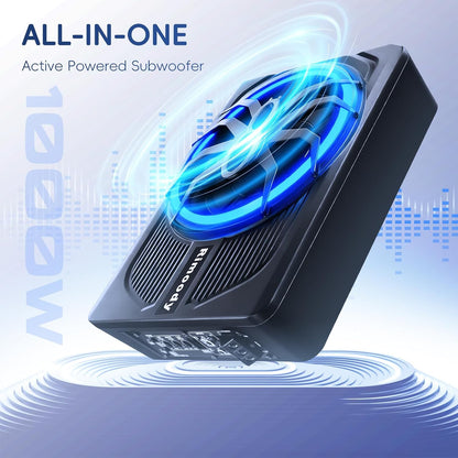 Rimoody 10 inch platte subwoofer actief - 1000 W Max Power, 120 W RMS, Bass Boost, inbouwset voor montage op de zitting van de stoel, voor auto