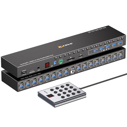 16 Port KVM Switch HDMI 4K@60Hz EDID Simulatie, 1U Rack Mount USB 3.0 HDMI KVM Switch voor 16 Computer/Servers, met 6 USB 3.0 Poort, TF/SD, Audio RS232, met 12V Voeding, Controller en 16 USB Kabels