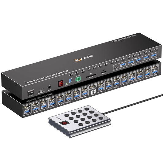 16 Port KVM Switch HDMI 4K@60Hz EDID Simulatie, 1U Rack Mount USB 3.0 HDMI KVM Switch voor 16 Computer/Servers, met 6 USB 3.0 Poort, TF/SD, Audio RS232, met 12V Voeding, Controller en 16 USB Kabels