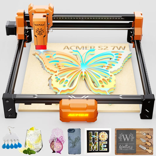 ACMER S2 7W lasergraveermachine, 48W uitgangsvermogen, 300x300mm 10.000 mm/min, houtlasergraveerder voor doe-het-zelf batch-personalisatie, onderwijs en lesgeven, modelbouw