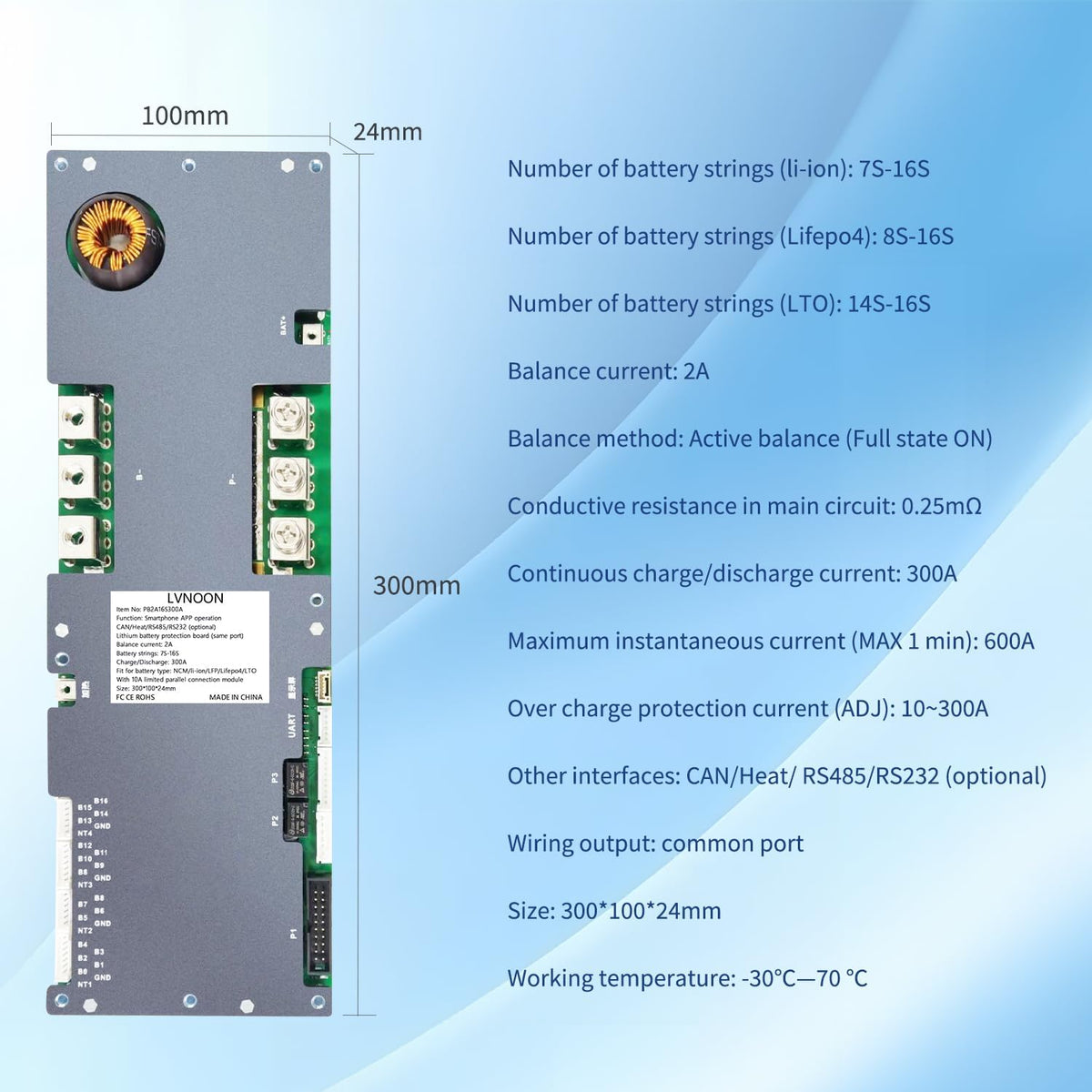 Smart Active Inverter BMS PB2A16S300A met smartphone-app-bediening voor Li-ion NCM LFP LiFePo4 LTO batterijbeheersysteem 7S tot 16S 48V 51.2V 100A 150A 200A Home Energy BMS