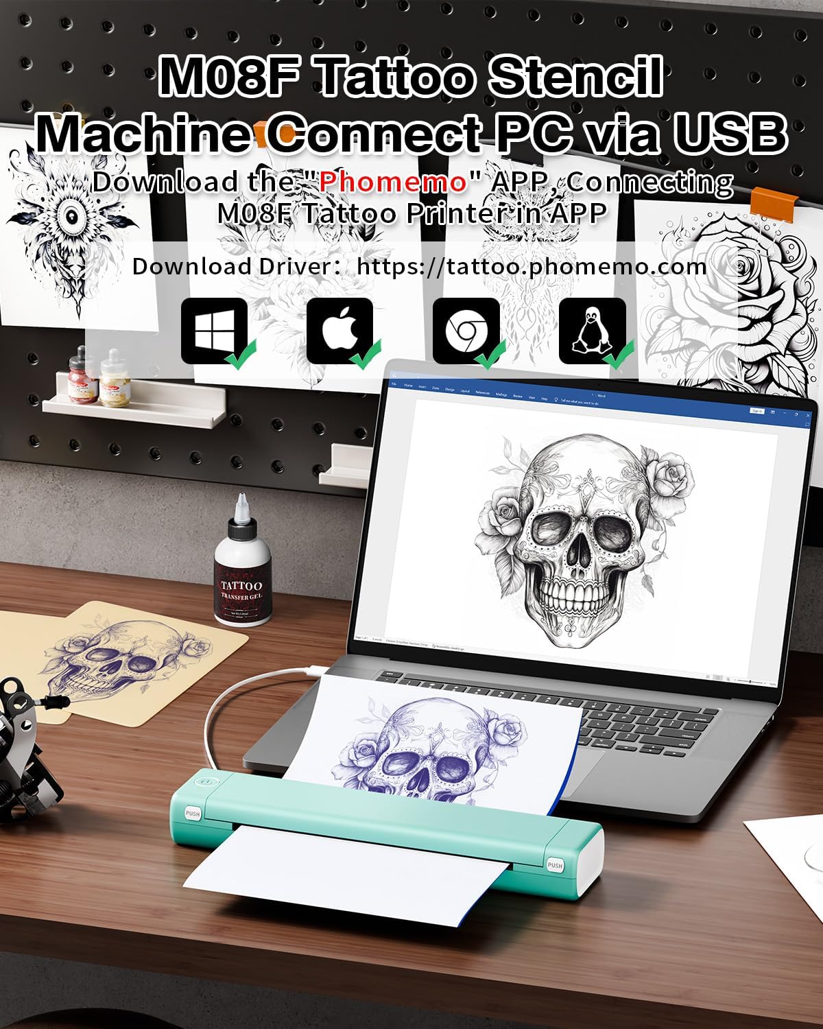 Phomemo M08F Tattoo Stencil Printer, Tattoo Printer Machine with 10 Tattoo Transfer Paper + Storage Box, A4 Tattoo Thermal Printers, Compatible with Smartphone and PC for Beginners, Tattoo Artists - QUORE