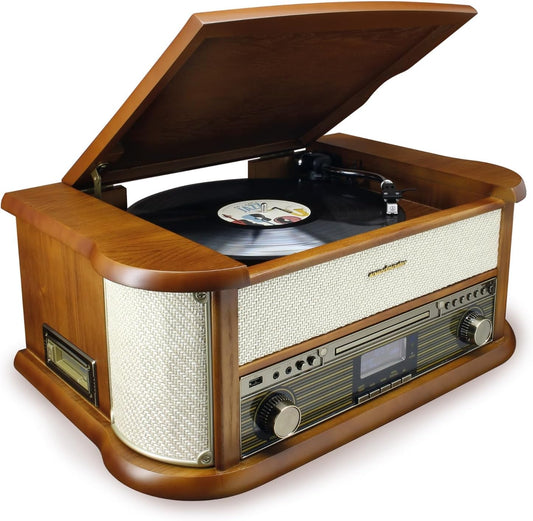 Soundmaster NR566BE 7-in-1 nostalgische stereo-installatie met draaitafel audio Technica magneettonnemmer | digitale radio DAB+ | CD-MP3 | USB | cassette | Bluetooth | digitaliseringsfunctie |
