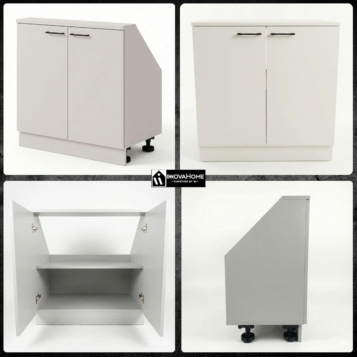 INNOVAHOME Knee Shelter Cabinet 80 cm – Low Loft Cabinet for Angled Walls with Robust Structure 18 mm (Hull & Back Wall), Metal Handles and Adjustable Legs – Polar White - QUORE