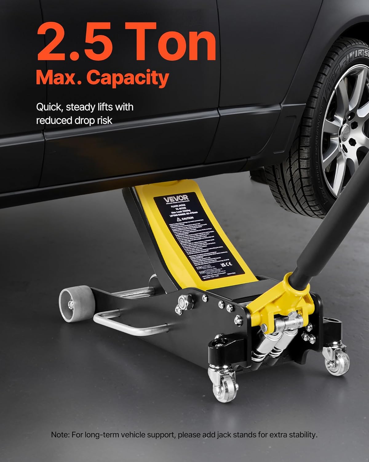 VEVOR Low Profile Trolley Jack with 360° Wheels, 2.5 T, Quick Piston Pump, 95-475 mm Lift Height, Hydraulic Jack for Compact SUVs, Yellow + Black