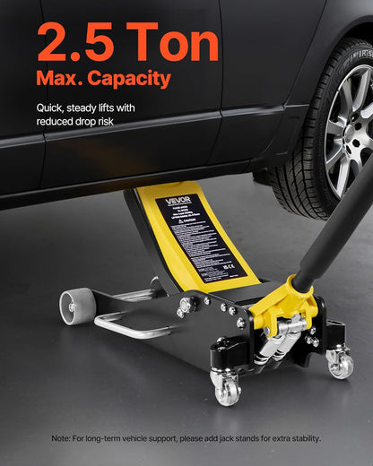 VEVOR Low Profile Trolley Jack with 360° Wheels, 2.5 T, Quick Piston Pump, 95-475 mm Lift Height, Hydraulic Jack for Compact SUVs, Yellow + Black