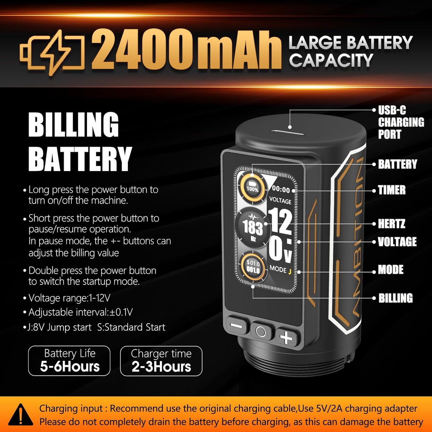 Ambition Rotary Tattoo Machine, Ninja Max 280 Draadloze Pen met 7 Verstelbare Slagen 2.4-4.5mm, Dubbele 2400mAh Accu, 280 g.cm Koppel, Borstelloze Motor, 54mm & 32mm Grips