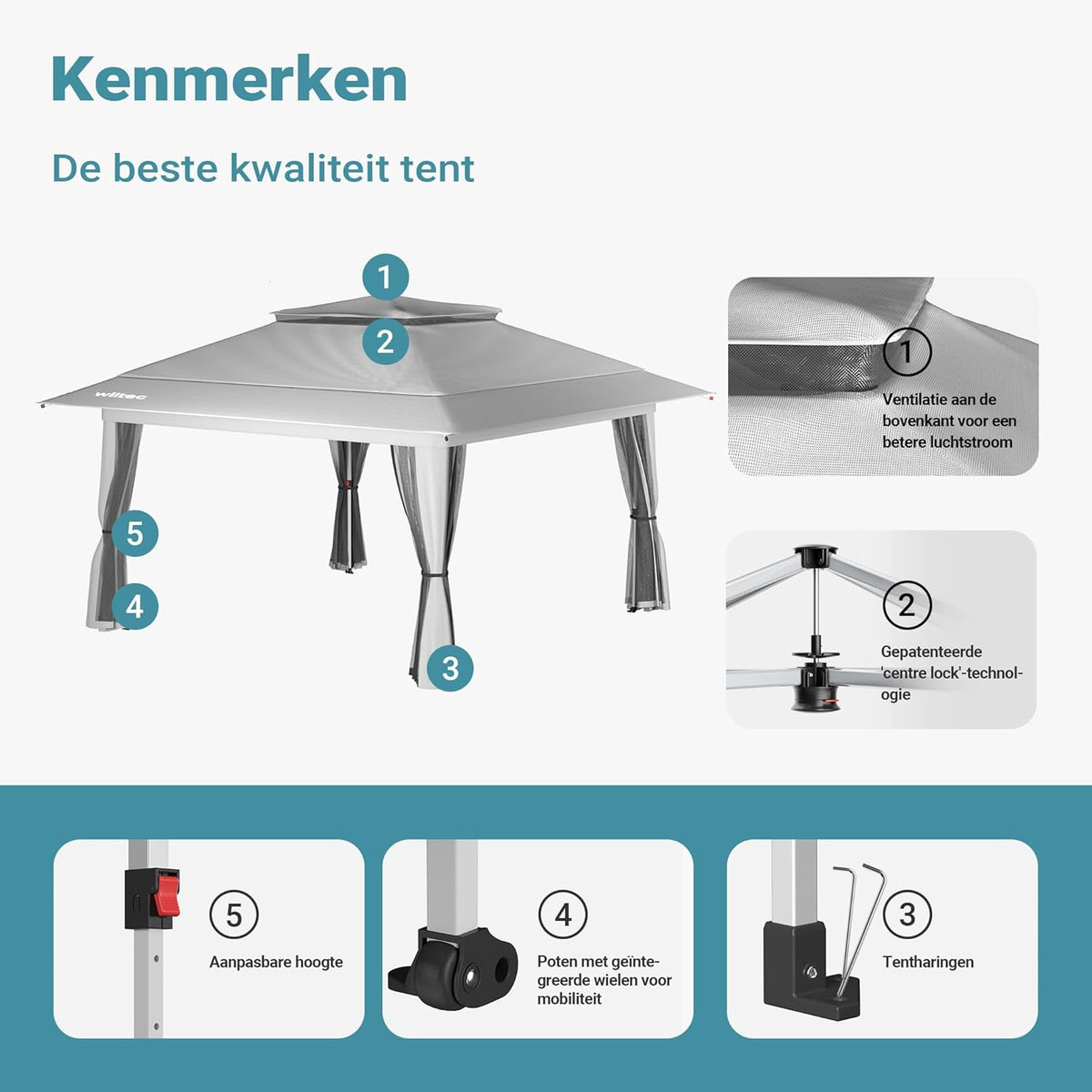 Wiltec opvouwbaar paviljoen partytent met muggennet tuinpaviljoen lichtgrijs 4 x 4 m