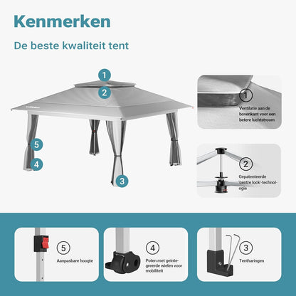 Wiltec opvouwbaar paviljoen partytent met muggennet tuinpaviljoen lichtgrijs 4 x 4 m