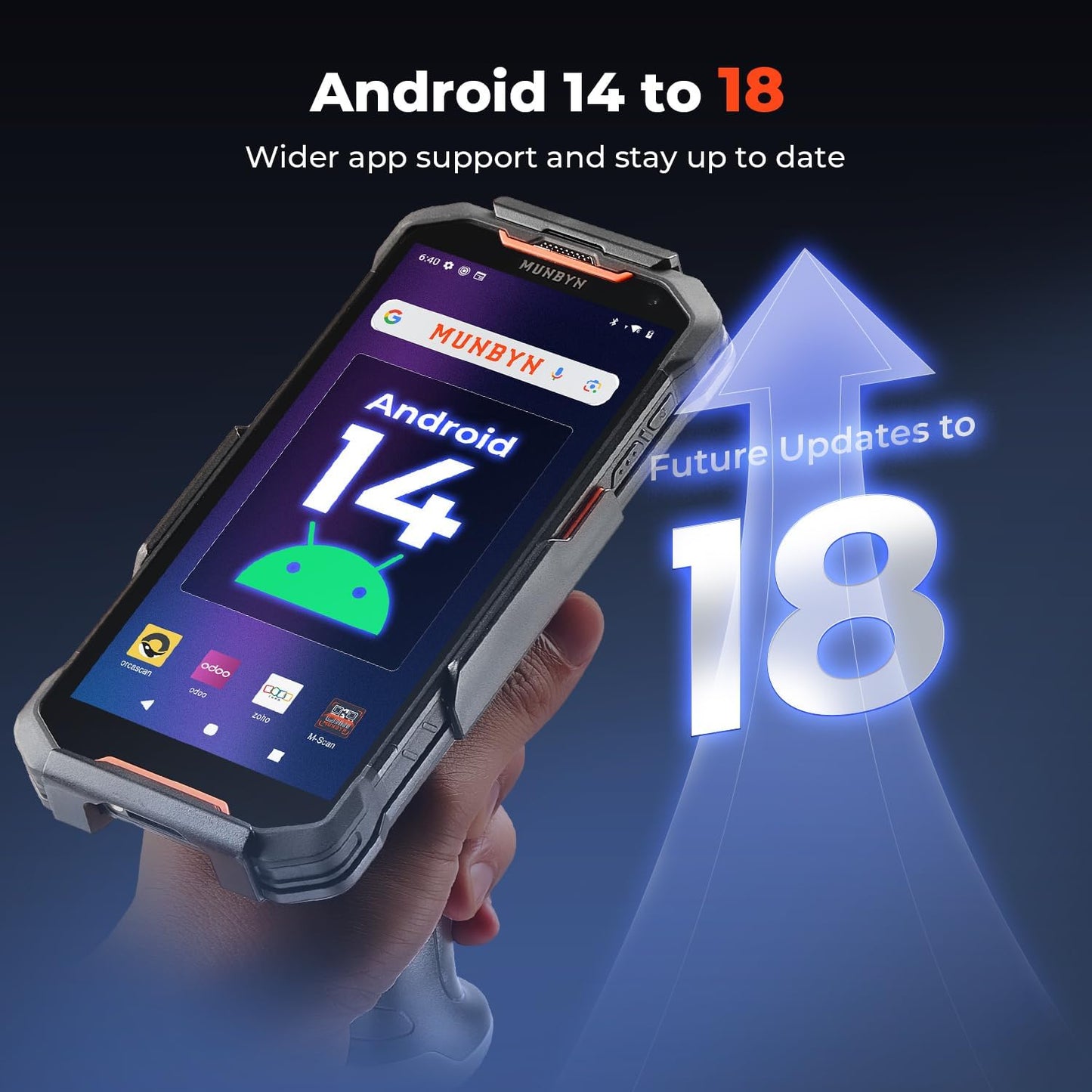 MUNBYN AS01P Android 14 barcodescanner, 6 inch scherm, mobiele computer, handheld PDA met 16 uur werkdag, SE4710 zebrascanner, 1D/2D/QR, upgrade naar toekomstige Android 18 mogelijk