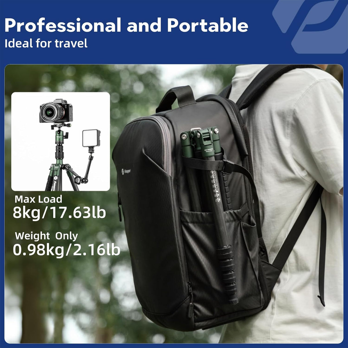 Fotopro 62 inch koolstofvezel reisstatief, compact camerastatief met metalen kogelkop, afneembare monopod met Arca-Swiss snelkoppelingsplaat en tas, belastbaar tot 8 kg
