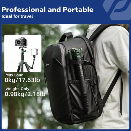 Fotopro 62 inch koolstofvezel reisstatief, compact camerastatief met metalen kogelkop, afneembare monopod met Arca-Swiss snelkoppelingsplaat en tas, belastbaar tot 8 kg