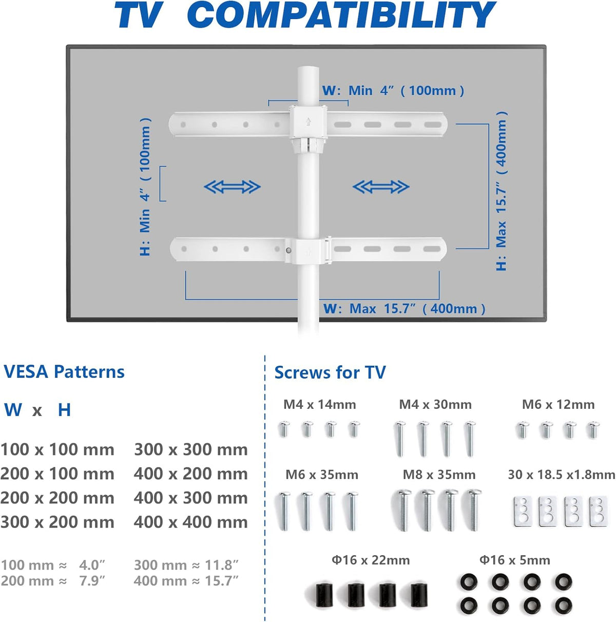 RFIVER Statief ezel tv-standaard voor 32-65 inch LED LCD OLED-scherm - Draaibaar en in hoogte verstelbaar houten tv-vloerstandaard - Max VESA 400x400mm - Max belasting 35kgs - wit