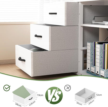 JUMMICO Hoekbureau met 3 laden, omkeerbaar L-vormige computerbureau 140x105cm met extra opbergruimte, bureaus met stopcontact, verstelbare scheidingshoogte, wit