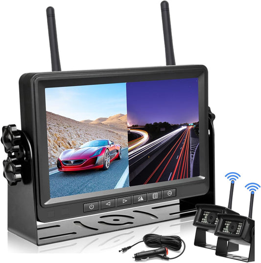 Draadloze achteruitrijcamera, HD, 1080p, 7 inch, autocamera met goed nachtzicht, 2 split-front-view, IP68, waterdicht, achteruitrijcamera's voor camper, aanhanger, bus, camping, vrachtwagen, caravan