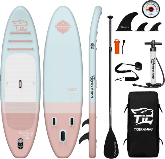 Opblaasbaar stand-up paddleboard met SUP-boardaccessoires, antislip, minimalistisch paddleboard voor volwassenen en jongeren van alle vaardigheidsniveaus, Sunny Wave Collection-Roze
