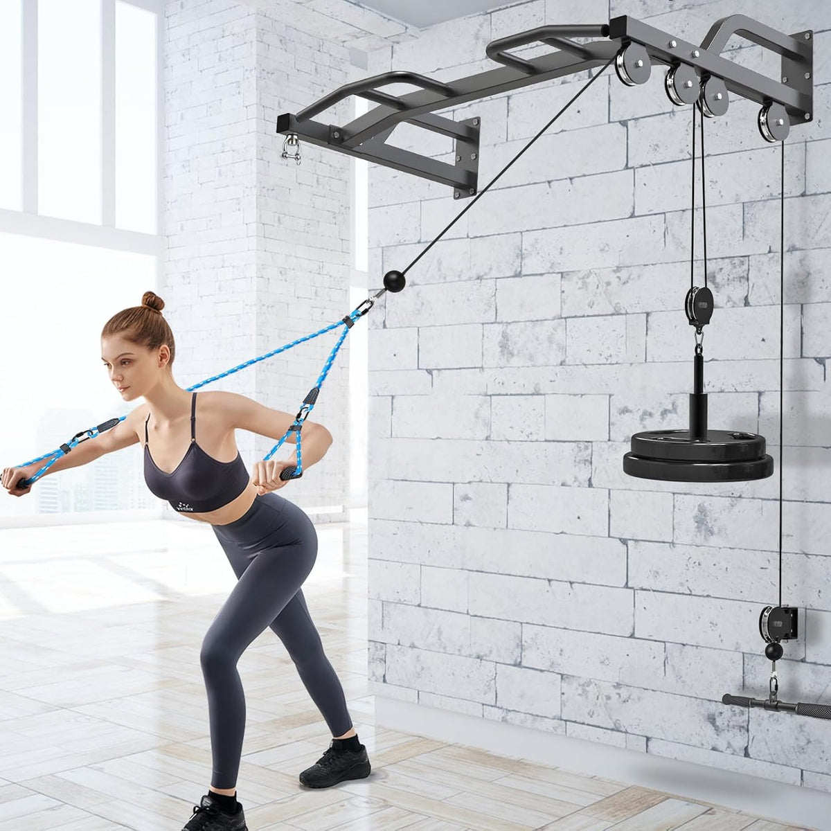 48" Wall Mounted Multifunction Cable Pulley System Gym, 48" Wall Mounted Pull Up Bar, Cable Machine LAT Pulldown Attachments, DIY Home Gym Pulley Cable Machine Attachment System, Punching Bag Hanr