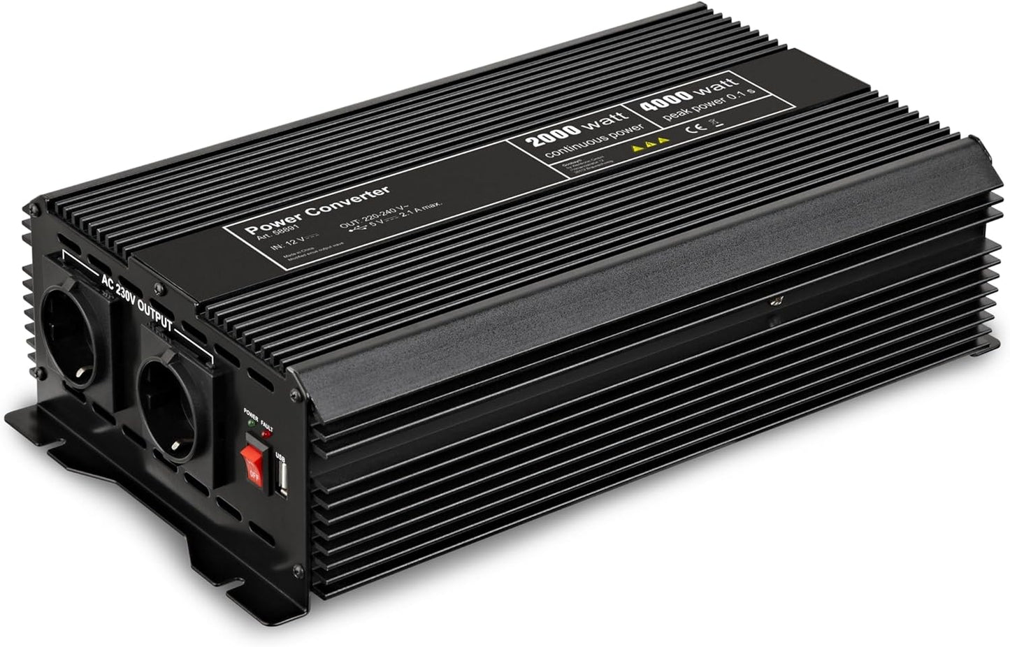 Goobay 58991 spanningsomvormer, 12 V, 220 V, 230 V, 2000 W, met 2 wisselstroomstopcontacten en 1 USB-poort, voor camping, auto, zonnepaneel, transformator 220 V, 12 V, power inverter
