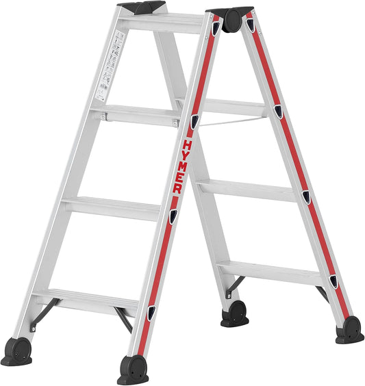 Hymer trapladder 2x4 treden (trapladder aan beide zijden beloopbaar, geanodiseerd frame, stalen scharnieren) 402408