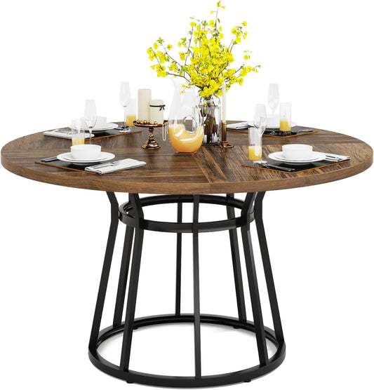 Tribesigns Round Dining Table for 4 People, Circle Dining Table with Metal Base, 120cm Round Kitchen Dining Table for Living Room Kitchen Dinning (Brown)
