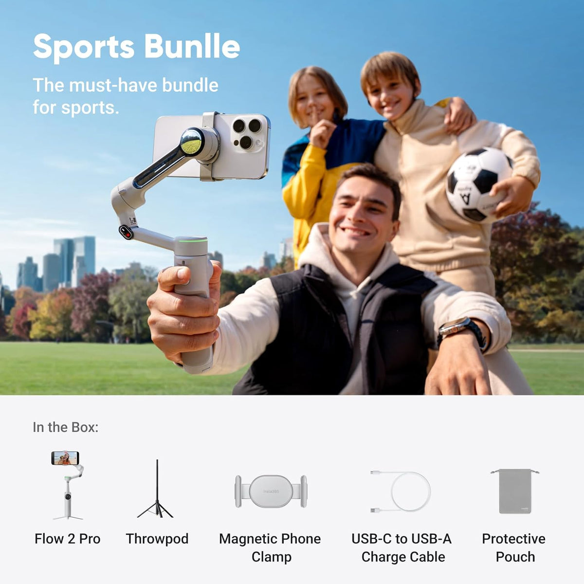 Insta360 Flow 2 Pro Sportbundel Grijs - Opvouwbare AI Telefoon Gimbal, Track in 200+ iOS-apps, Multi-Persoon & 360 Pan Tracking, Ingebouwde statief/Selfie Stick, iPhone/Android Stabilizer