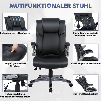 COLAMY Bureaustoel, ergonomisch, directiestoel met hoge rugleuning, lederen stoel met gevoerde klaparmleuningen, verstelbare kantelsluiting, draaistoel voor volwassenen, zwart