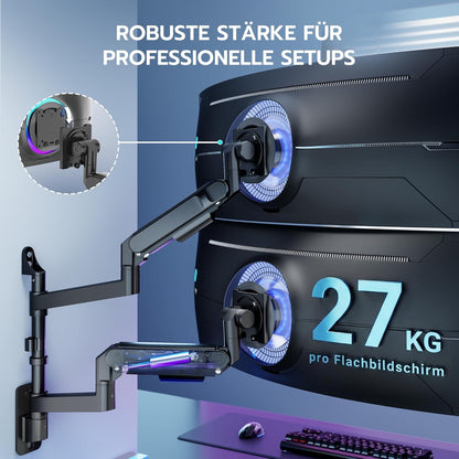 ARES WING Monitor muurbeugel 2 monitoren, voor Ultra Wide 24-57 inch beeldschermen, 27 kg/arm, VESA 75/100, gasdrukveer, pc-monitor, volledige verstelbare monitorhouder voor kantoor en gaming