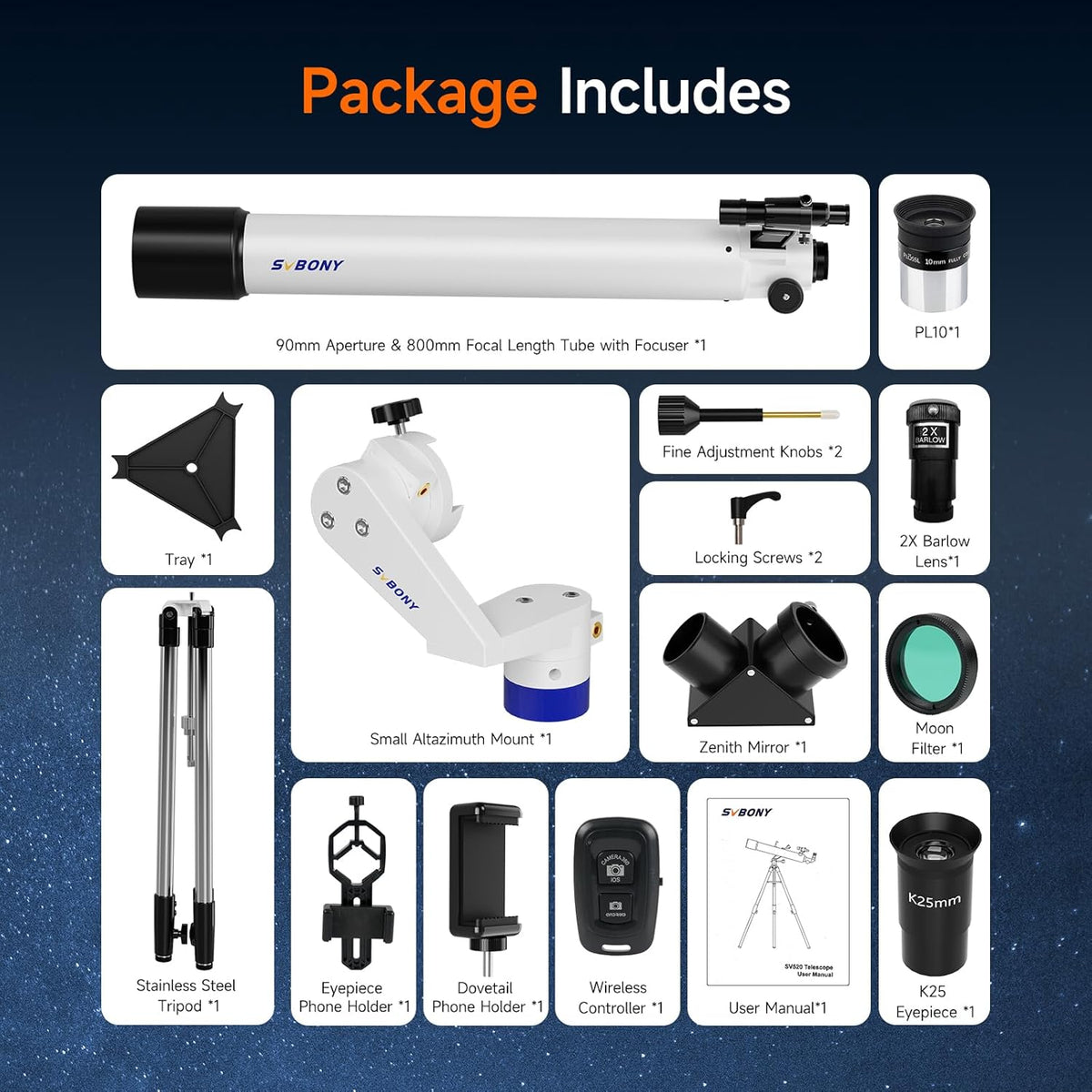 Svbony SV520 Telescoop voor Volwassenen, 90 mm Diafragma 800 mm Brandpuntsafstand, Allemaal metaal Telescoopset voor Astronomie met Altazimuth Montering, Draadloze Controller, voor Visuele Observatie