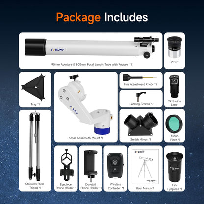 Svbony SV520 Telescoop voor Volwassenen, 90 mm Diafragma 800 mm Brandpuntsafstand, Allemaal metaal Telescoopset voor Astronomie met Altazimuth Montering, Draadloze Controller, voor Visuele Observatie