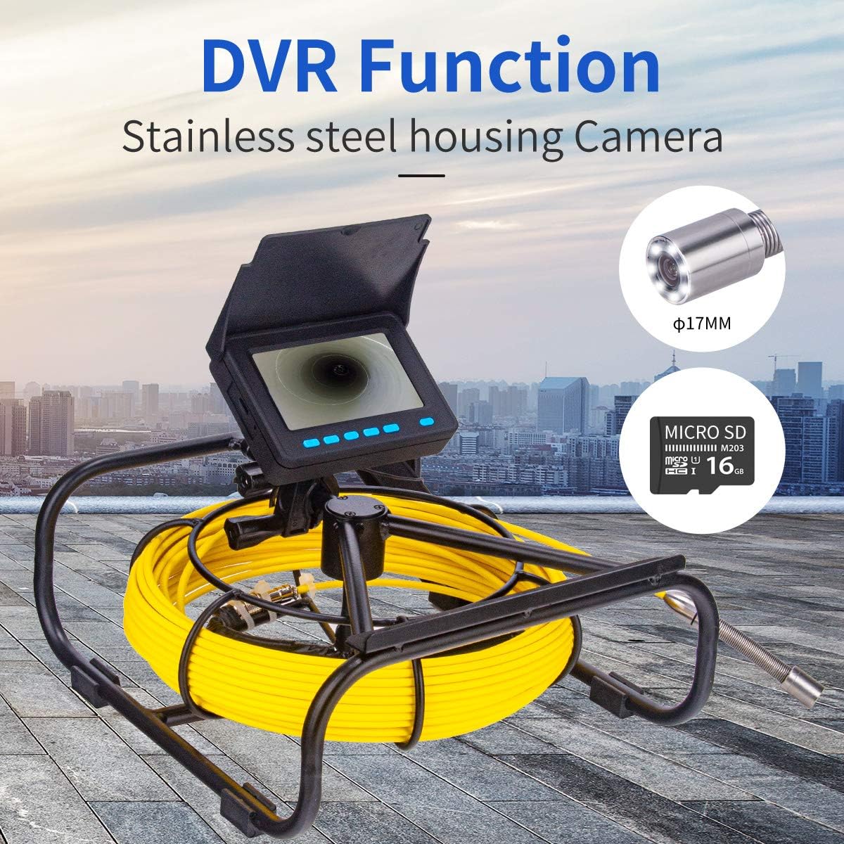 17 mm buis inspectiecamera met 16 GB DVR-video-opnamefunctie, 4,3 inch display endoscoop met ledlampen, industriële endoscoop voor loodgieters,