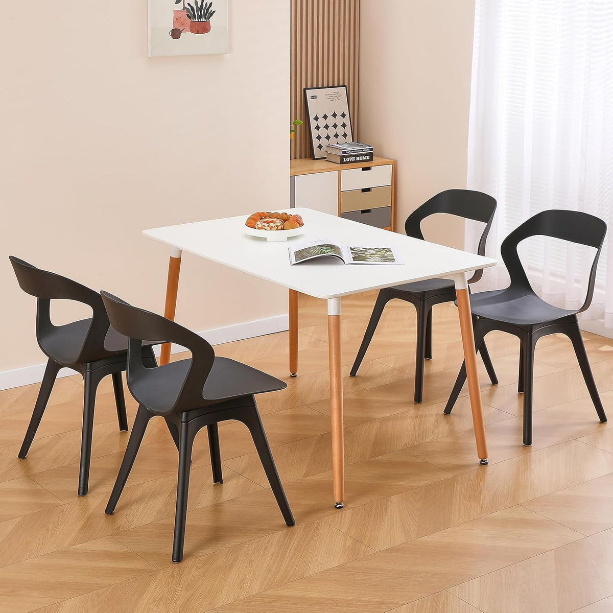 Plastic Eetkamerstoelen - Set van 4 Moderne Buitenkeukenstoelen voor Patio/Woonkamer - Zware Eetkamerstoel met Holle Rug - Mid Century Zijstoel voor Buiten, Bistro, Café - Zwart