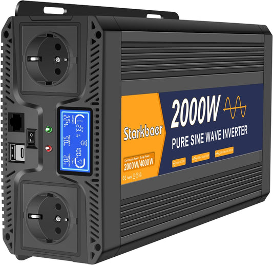 2000W omvormer 24V naar 230V zuivere sinus Spanningsomvormer stroomomvormer Pure Sine Wave Inverter, met LCD afst.bed., 2EU stopcont, USB+Type-c, voor auto/caravan/vrachtwagens/camping
