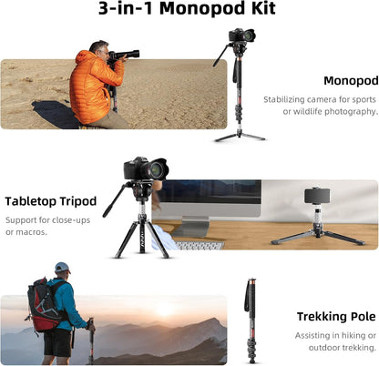 Cayer CF34DVH4 Professionele Video Monopod voor 71 "Carbon Fiber Telescopische Camera met Swivel Head en Tripod Base voor DSLR Camcorders Camcorders