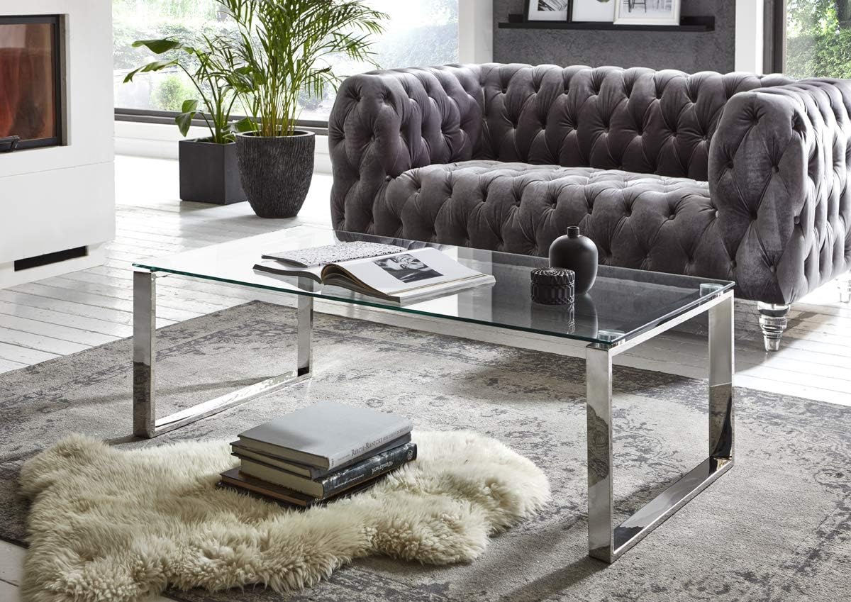 HAKU Möbel Salontafel roestvrij staal, Roestvrij staal, veiligheidsglas 8 mm - Maat: B 120 cm x H 40 cm x D 60 cm, Stijl: Modern