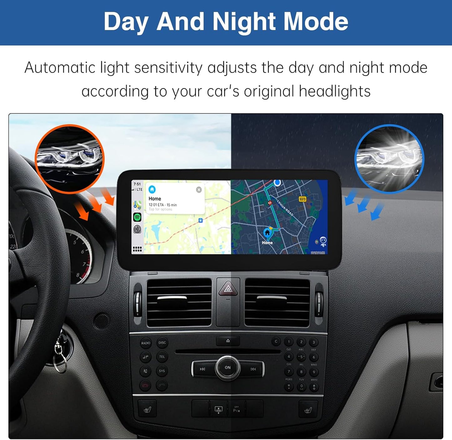 12,3 Inch Auto Touchscreen – Multimedia Scherm – Navigatiesysteem – Infotainmentscherm – Draadloos Display – Draadloze CarPlay & Android Auto – Compatibel Met Mercedes Benz C Klasse W204 – Hoge Resolutie 1920x720 Pixels