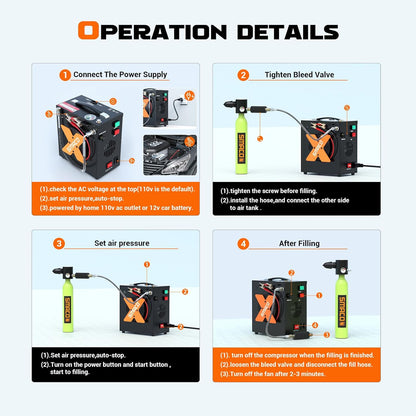 Duikcompressor – PCP Compressor – Paintball Compressor – Mini Dompelfles Compressor – Luchtcompressor – Hoge Druk tot 300 Bar – Draagbaar met 12V en 220V Aansluiting