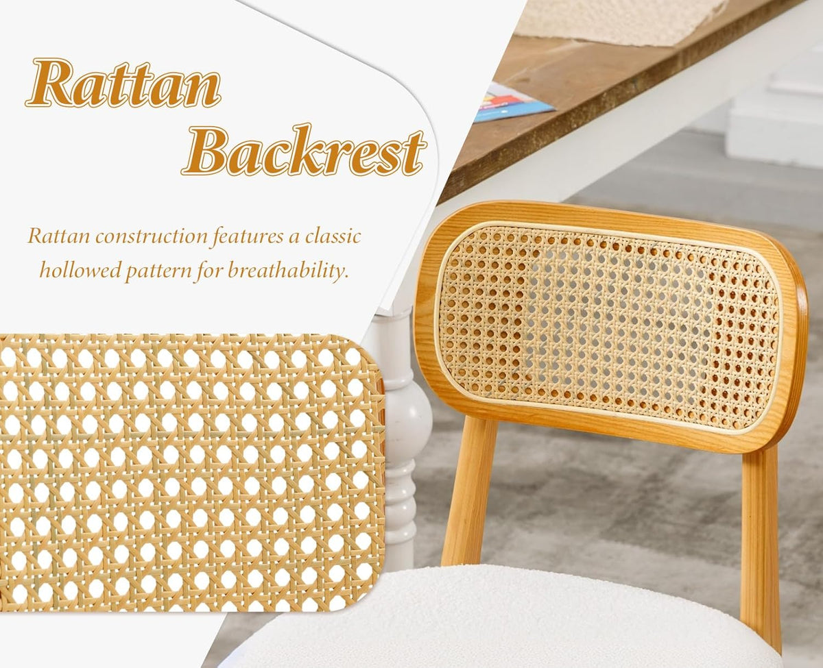 Rotan Eetkamerstoelen – Keukenstoelen – Zijden Stoelen – Side Chairs – Beige Variant – Ademend Rotan Rugleuning – Zachte Kunstbont Zitting - QUORE