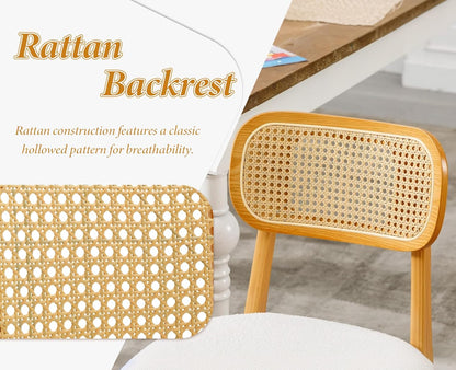 Rotan Eetkamerstoelen – Keukenstoelen – Zijden Stoelen – Side Chairs – Beige Variant – Ademend Rotan Rugleuning – Zachte Kunstbont Zitting - QUORE