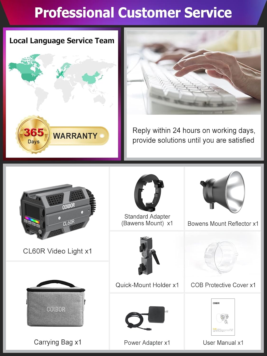 COLBOR CL60R RGB COB Video Light 65 W 2700 K-6500 K LED continu licht TLCT97+ CRI97+ 13 lichteffecten met app-besturing Bowens Mount voor fotografie, videolicht-RGB-led-lamp
