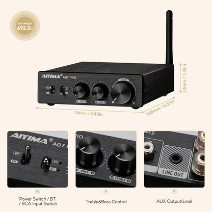 AIYIMA A07PRO TPA3255 Mini Versterker 2.0/2.1Kanaal Audio Amp 300Wx2 Klasse D Hi-Fi Stereo Geïntegreerde Versterkers Bluetooth 5.2 ondersteuning aptx Desktop versterker met Treble en Bass Control