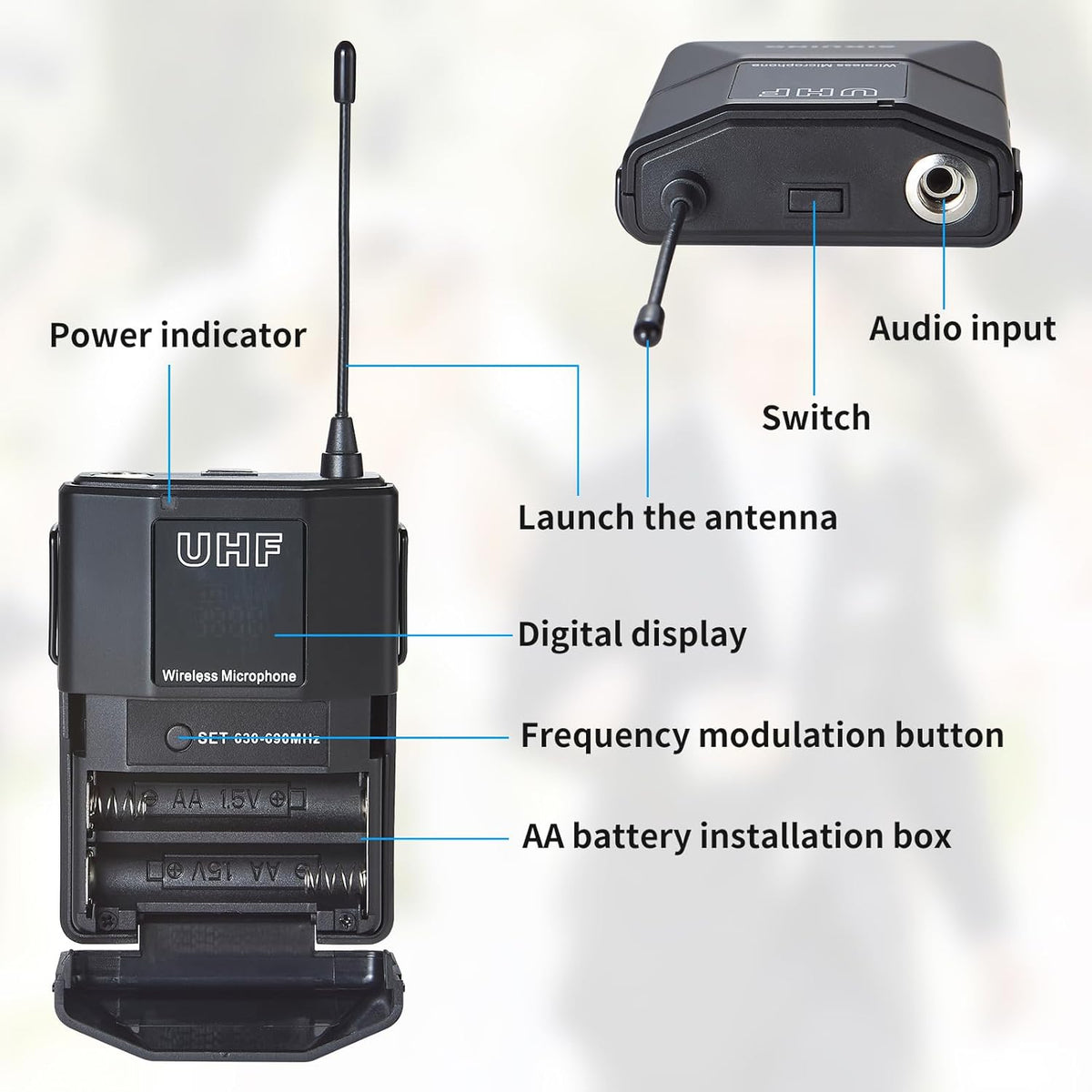 4-kanaals draadloos microfoonsysteem met lavalier- en headsetmicrofoons, 4x50 instelbare frequenties, ideaal voor karaoke, bijeenkomsten, kerk, 300 ft bereik (4 bodypacks)