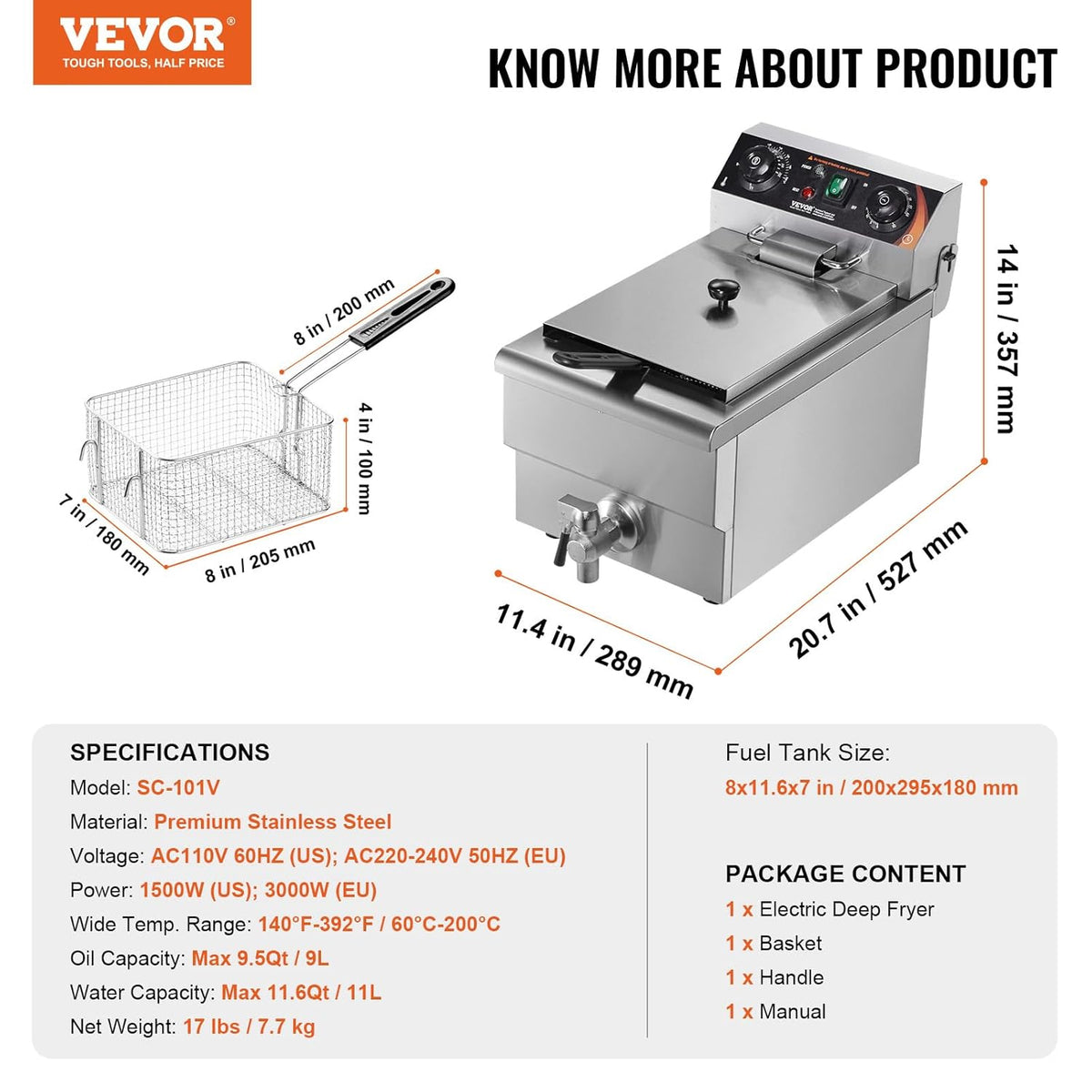 VEVOR Professionele elektrische friteuse 3000 W met mand, Single Oil friteuse van roestvrij staal 11 l met tijd- en temperatuurcontrole, oververhittingsbeveiliging, gebruik in keuken, restaurant