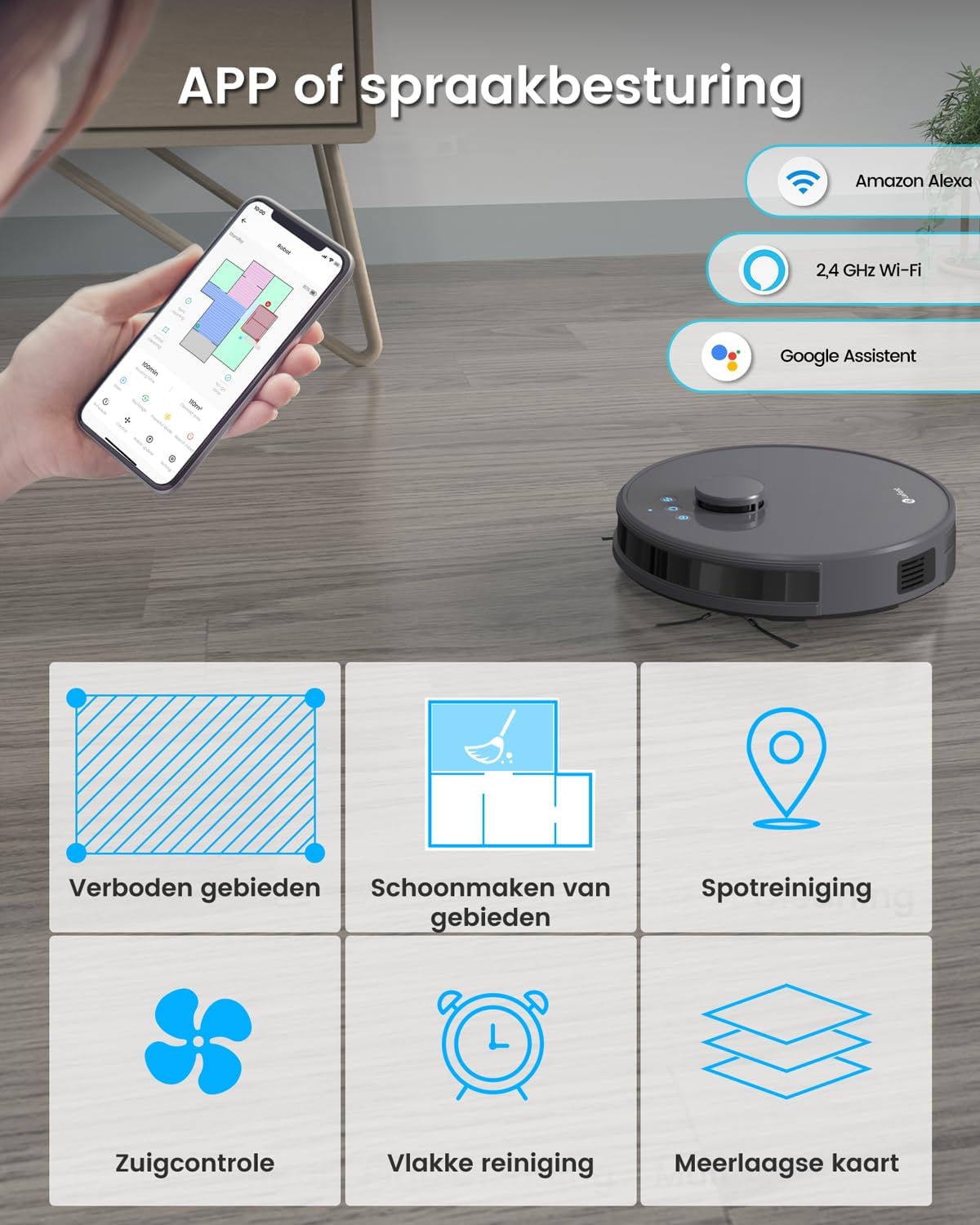 Robotstofzuiger – Robotstofzuiger met dweilfunctie – Automatische stofzuiger – Slimme schoonmaker – Vloerreiniger – 5500 Pa Zuigkracht – LiDAR Navigatie met Virtuele Zones