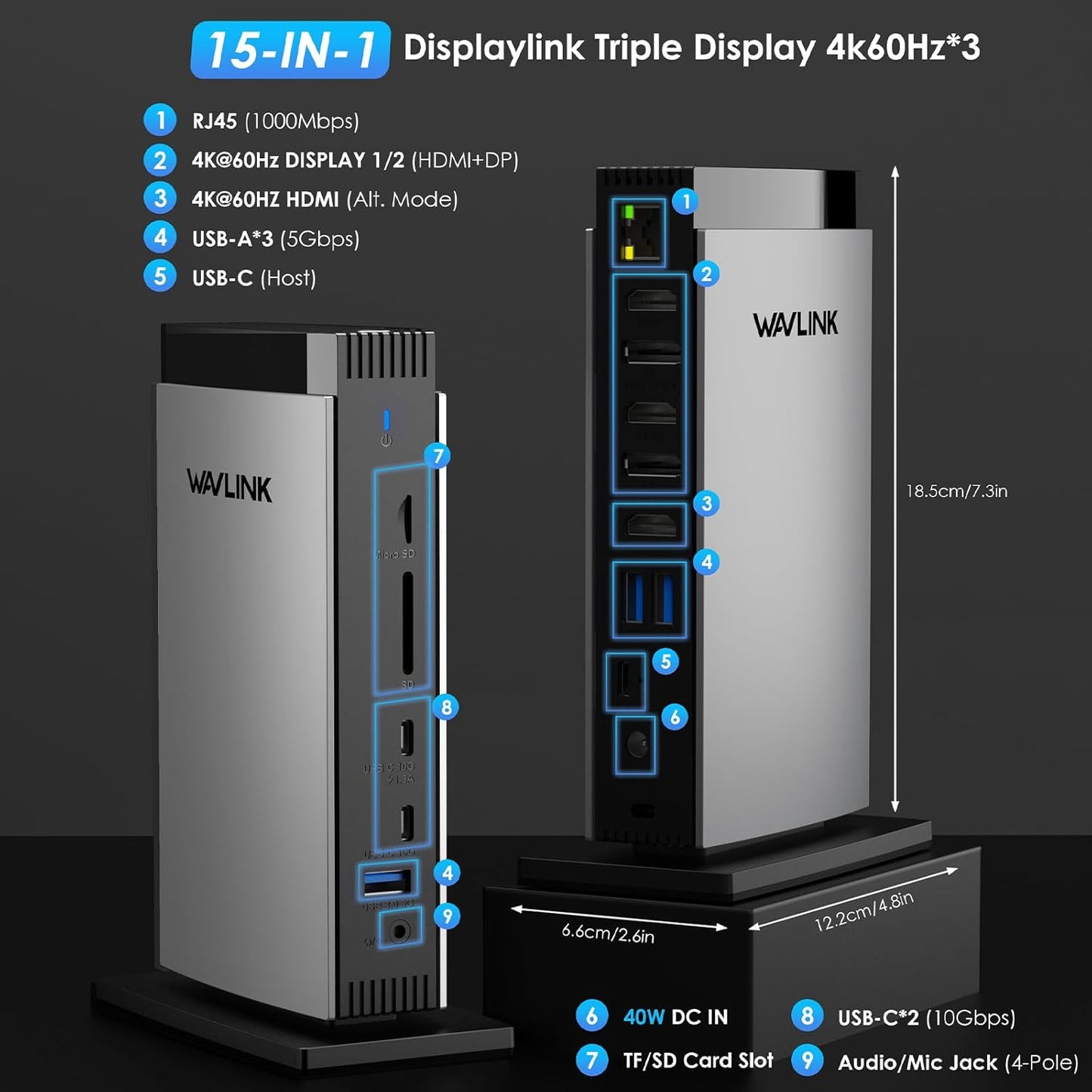 WAVLINK USB C laptop dockingstation met 3 HDMI, DisplayLink drievoudige monitor 4K60Hz, 15 in 1 drievoudige weergave voor M1 M2 M3 M4 Mac en Windows, 5 USB-poorten, 2DP, Audio/Mic, SD/TF, (geen laptop