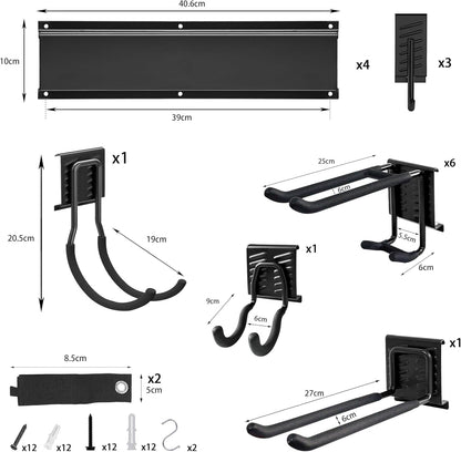 Gereedschapsrek - Gereedschapwand - Gereedschaphouder - Wandhouder - voor Tuingereedschap - Elektrisch Gereedschap - met 4 Paneele - 12 Haken - Veelzijdige Haakconfiguratie - Robuust - voor Garage - Tuin - 162 cm - Zwart