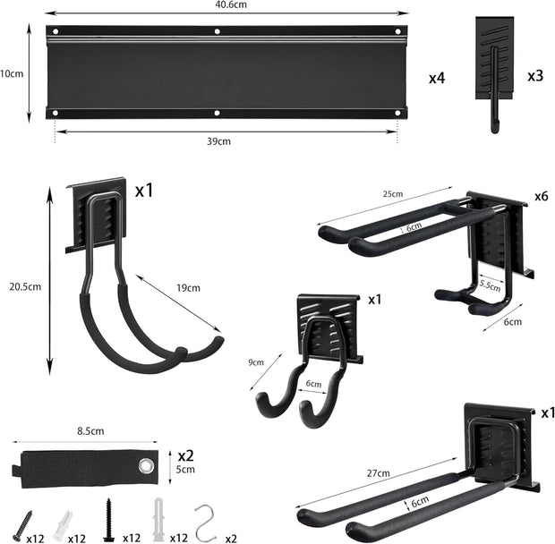 Gereedschapsrek - Gereedschapwand - Gereedschaphouder - Wandhouder - voor Tuingereedschap - Elektrisch Gereedschap - met 4 Paneele - 12 Haken - Veelzijdige Haakconfiguratie - Robuust - voor Garage - Tuin - 162 cm - Zwart