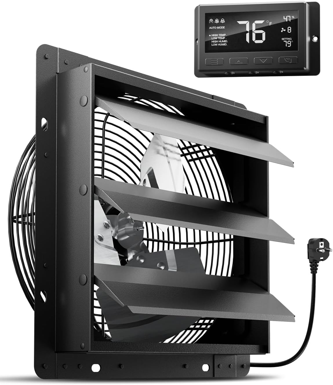 HG Power 300 mm afvoerventilator met temperatuur en vochtigheidsregelaar, intelligente industriële wandventilator, 1650 m³/uur, EC-motor, wandventilator voor kelder, garage, keuken, broeikas